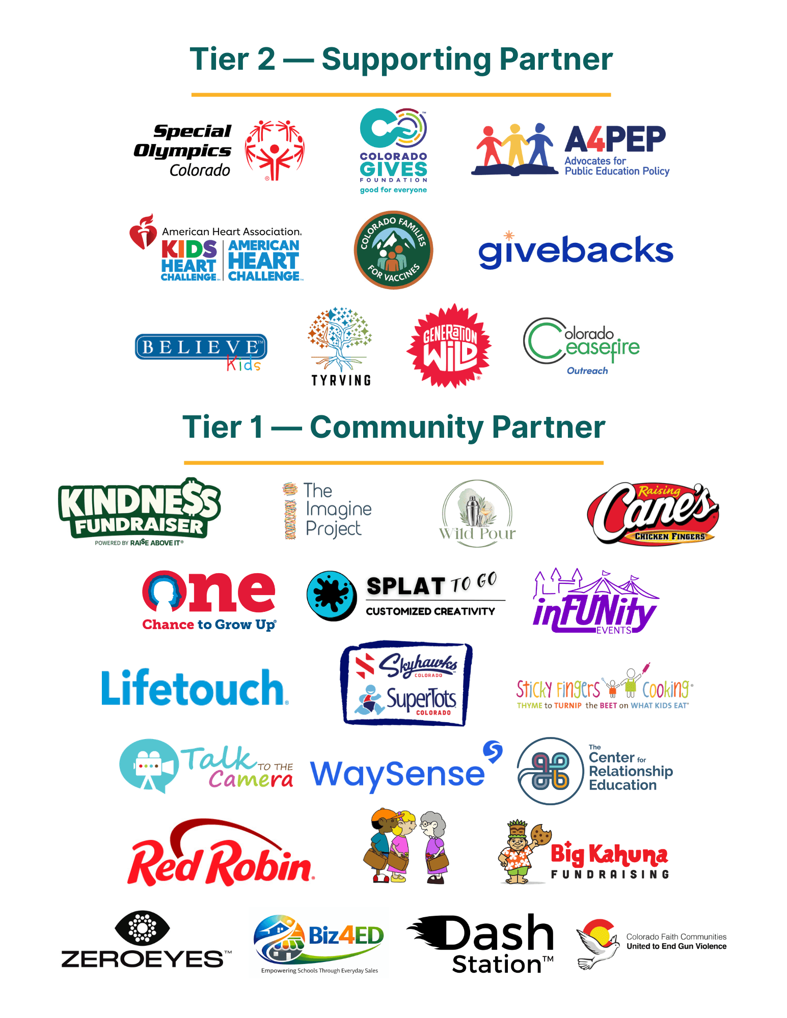 Spring 2026 Colorado PTA partners, tiers 1 and 2. Tier 2, Supporting Partners: Special Olympics Colorado, Colorado Gives Foundation, A4PEP Advocates for Public Education Policy, American Heart Association Kids Heart Challenge and American Heart Challenge, Colorado Families for Vaccines, givebacks, Believe Kids, Tyrving, Generation Wild and Colorado Ceasefire Outreach. Tier 1, Community Partners: Kindness Fundraiser, The Imagine Project, Wild Pour, Raising Cane's, One Chance to Grow Up, Splat To Go, inFUNity Events, Lifetouch, Skyhawks and SuperTots Colorado, Sticky Fingers Cooking, Talk to the Camera, WaySense, The Center for Relationship Education, Red Robin, a partner shown with an illustrated characters logo, Big Kahuna Fundraising, ZeroEyes, Biz4ED, Dash Station and Colorado Faith Communities United to End Gun Violence.